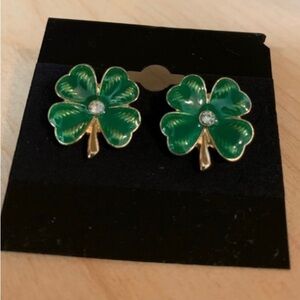 Green Shamrock 4 Leaf Clover Gold Tone Post Earrings-St Patrick’s Day Clover